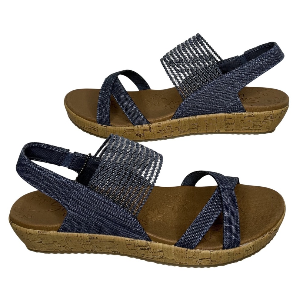 Skechers Brie Dawdle Sandals Womens 10 Navy Textile Wedge Stretch Strappy Luxe - Picture 10 of 11